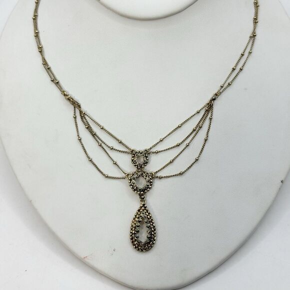 Monet Victorian Revival Festooned Marcasite Drop Bib Necklace Gold Tone 16-18” - Picture 4 of 13